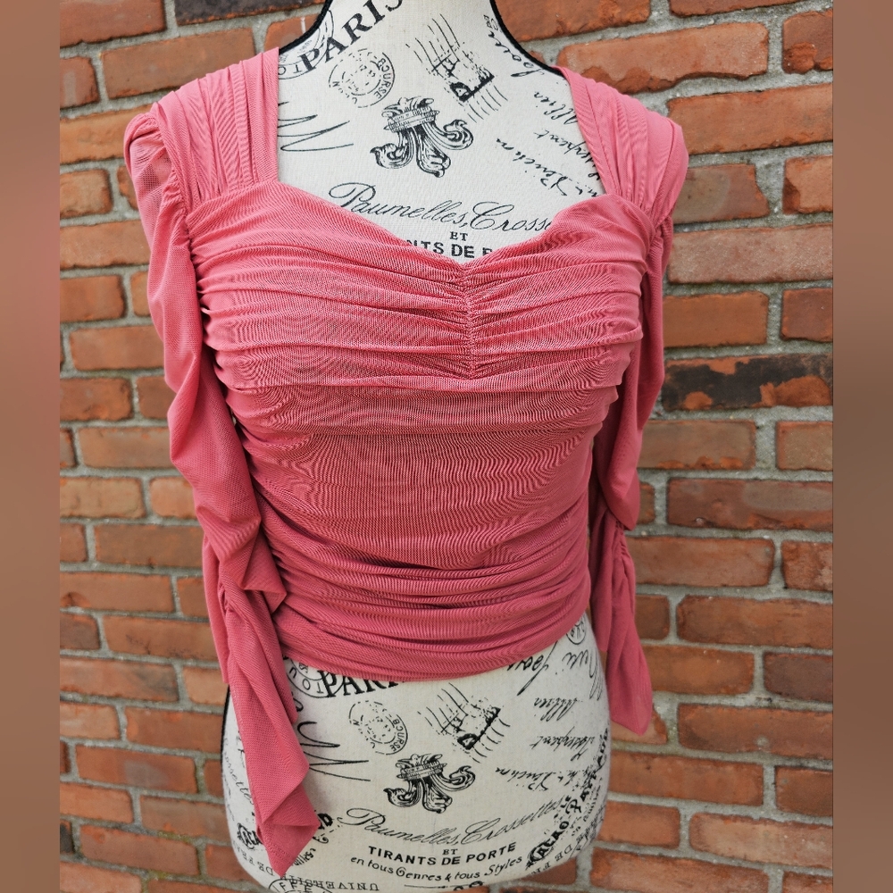Express Ruched Mesh Sleeve Crop Top | Size Small | Salmon Red